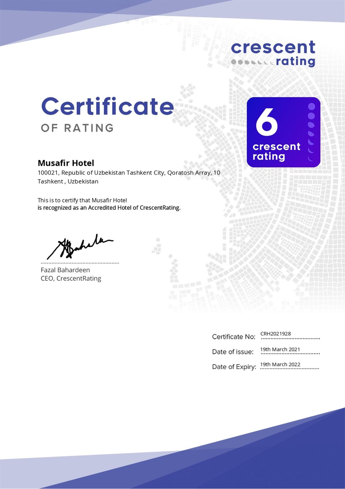 Cresent Rating Certificate
